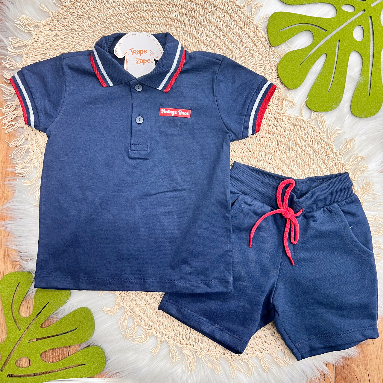 Conj. Camisa Gola Polo Vintage Race e Bermuda - Marinho